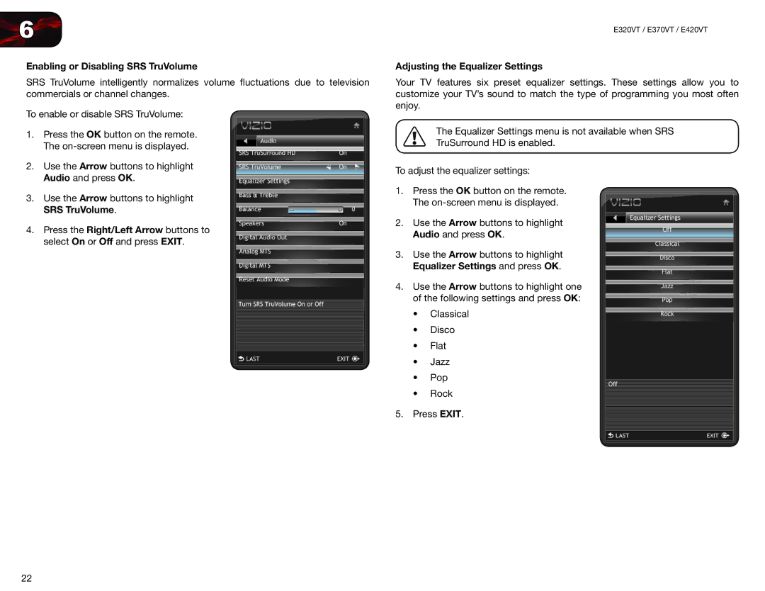 Vizio E420VT, E370VT, E320VT user manual Enabling or Disabling SRS TruVolume, Adjusting the Equalizer Settings 