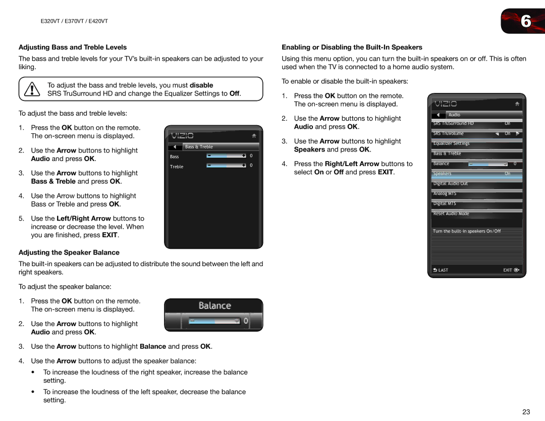 Vizio E370VT Adjusting Bass and Treble Levels, Enabling or Disabling the Built-In Speakers, Adjusting the Speaker Balance 