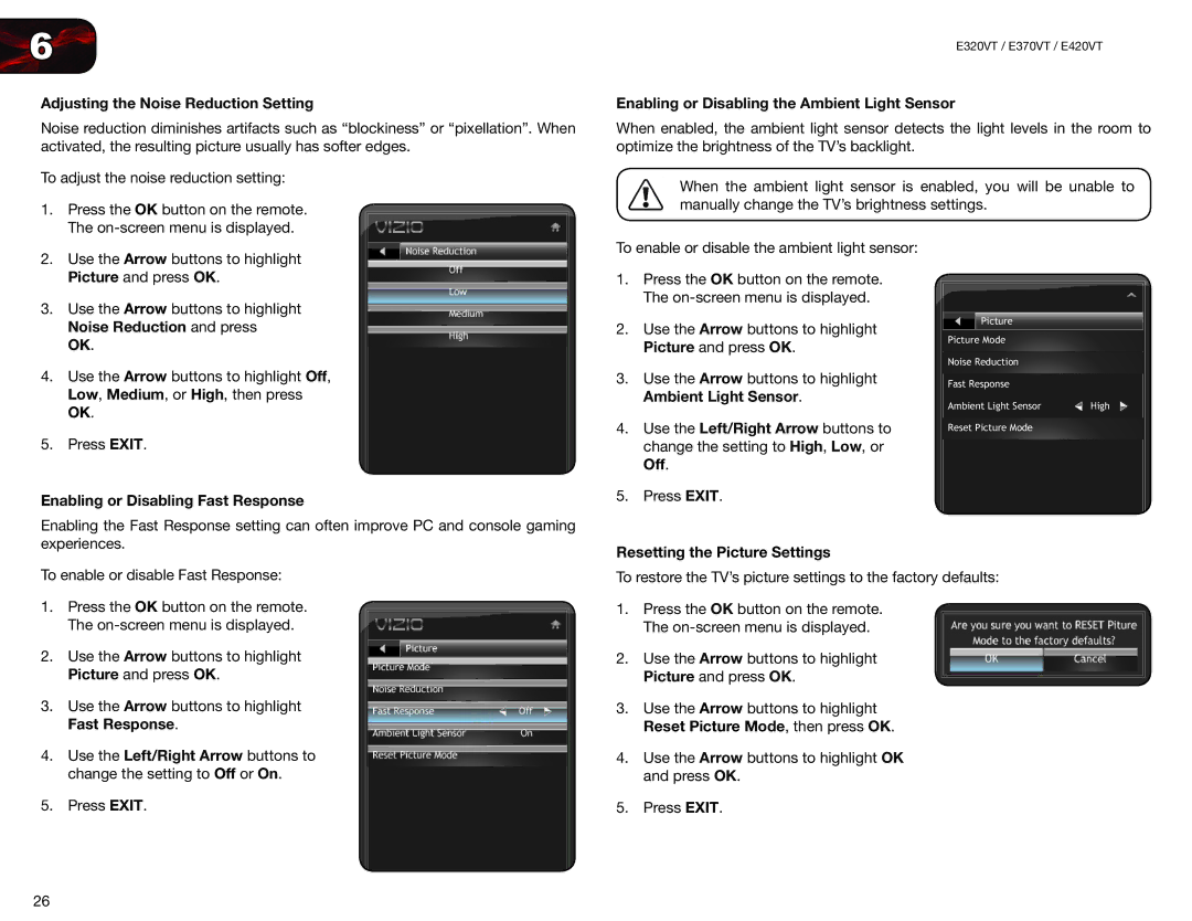 Vizio E370VT, E420VT, E320VT Adjusting the Noise Reduction Setting, Enabling or Disabling the Ambient Light Sensor 