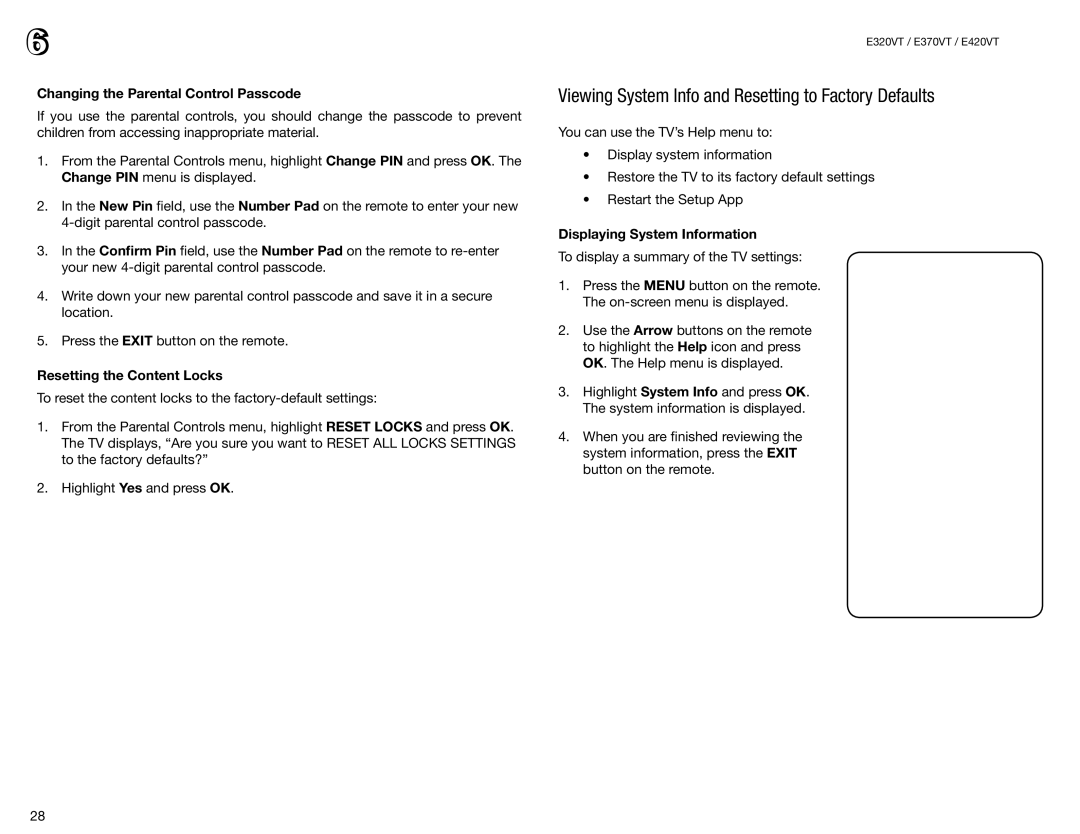 Vizio E420VT, E370VT, E320VT Viewing System Info and Resetting to Factory Defaults, Changing the Parental Control Passcode 