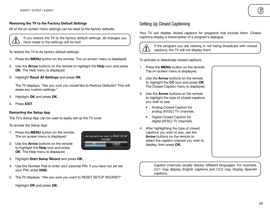 Vizio E370VT Setting Up Closed Captioning, Restoring the TV to the Factory Default Settings, Restarting the Setup App 