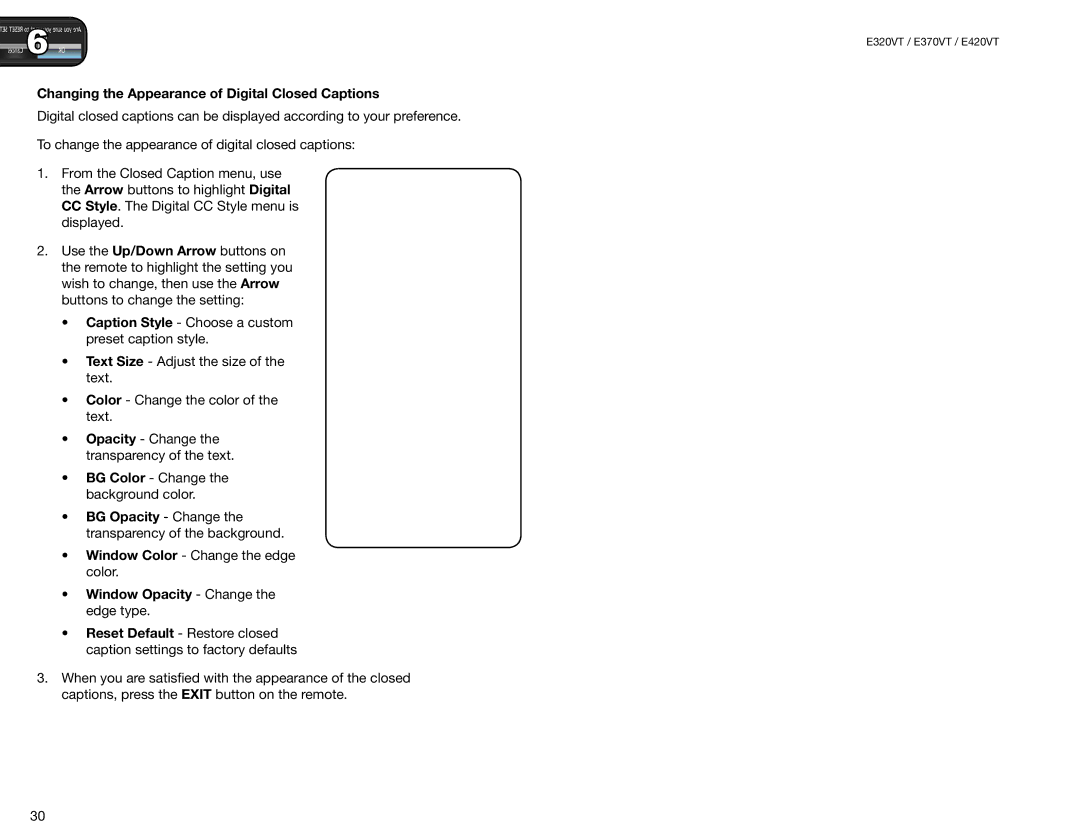 Vizio E320VT Changing the Appearance of Digital Closed Captions, BG Opacity Change the transparency of the background 