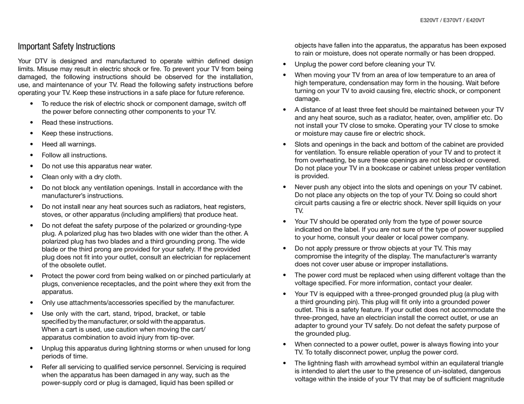 Vizio E370VT, E420VT, E320VT user manual Important Safety Instructions 