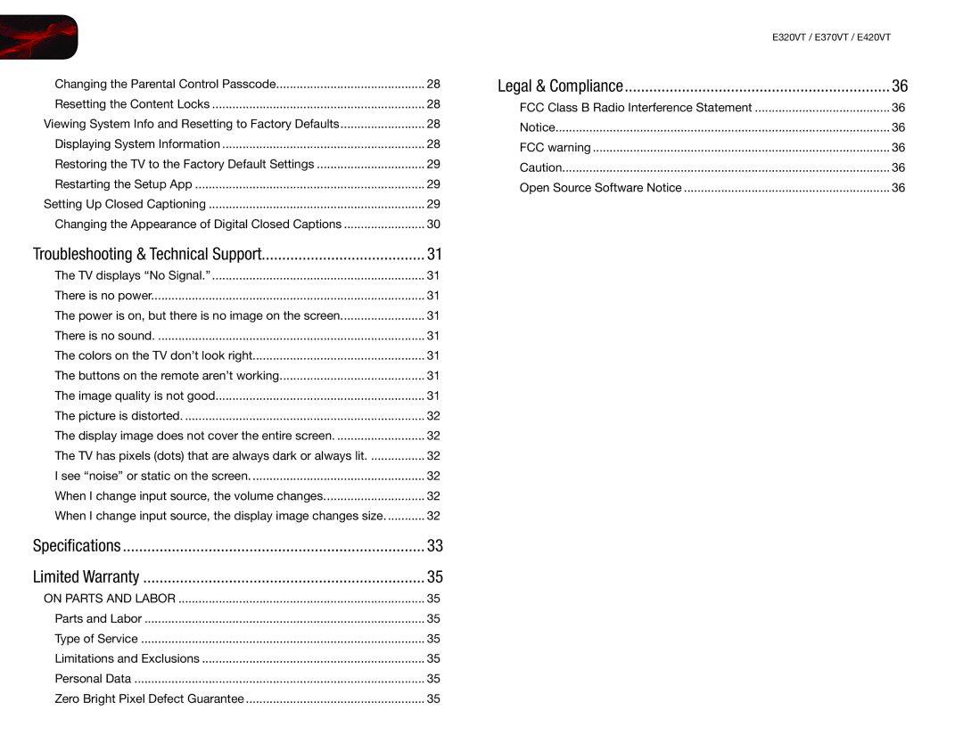 Vizio E320VT, E420VT, E370VT user manual Troubleshooting & Technical Support 