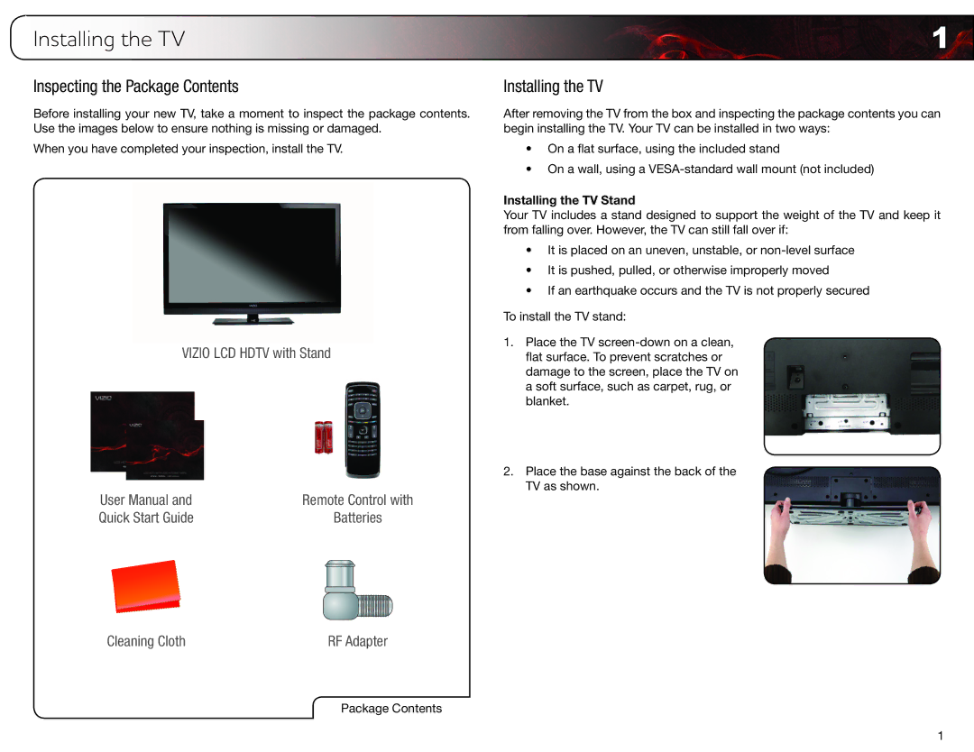 Vizio E420VT, E370VT, E320VT user manual Installing the TV, Inspecting the Package Contents 