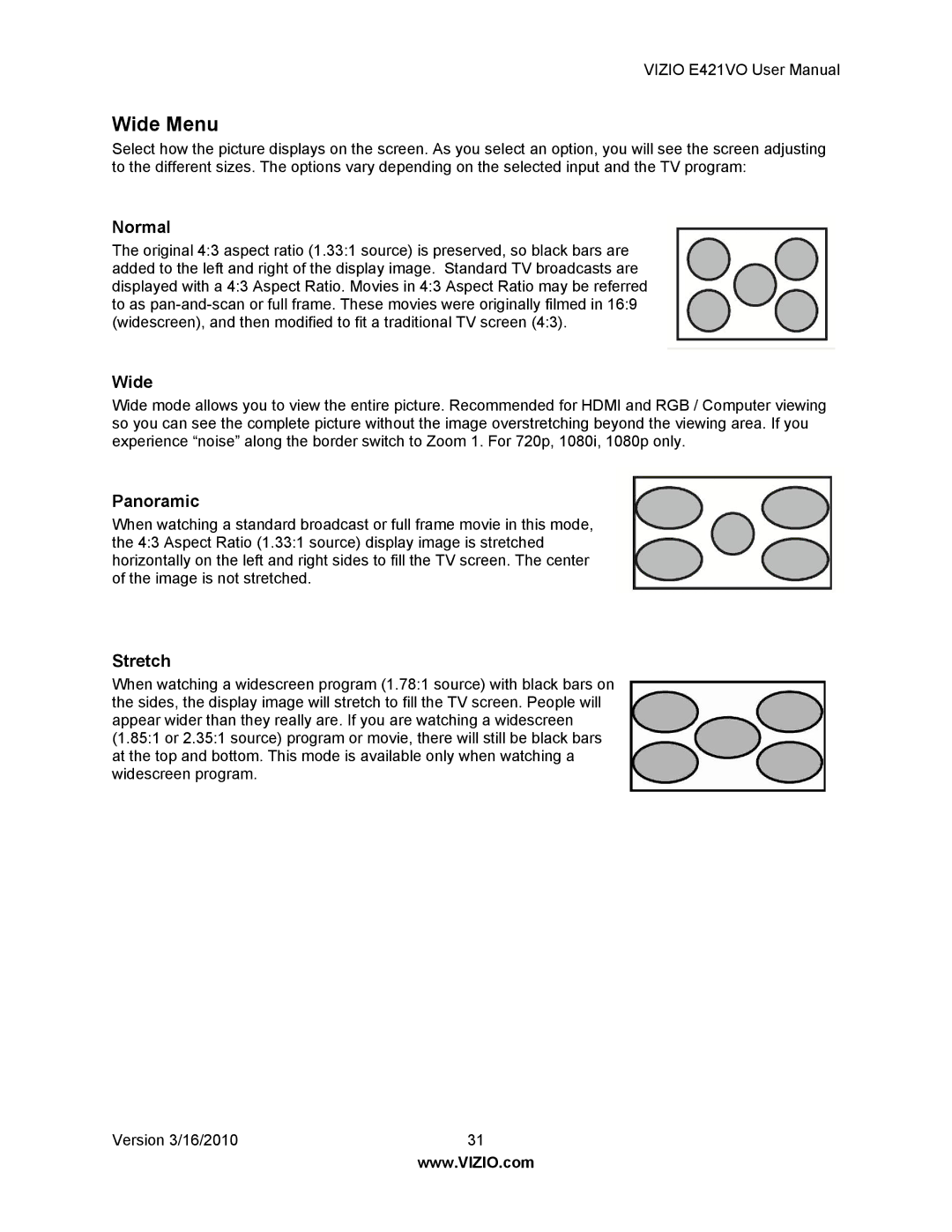 Vizio E421VO manual Wide Menu, Normal, Panoramic, Stretch 
