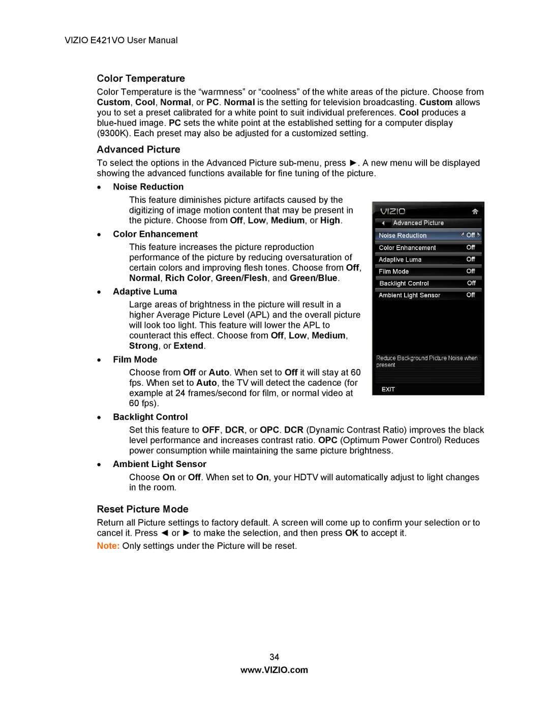 Vizio E421VO manual Color Temperature, Advanced Picture, Reset Picture Mode 