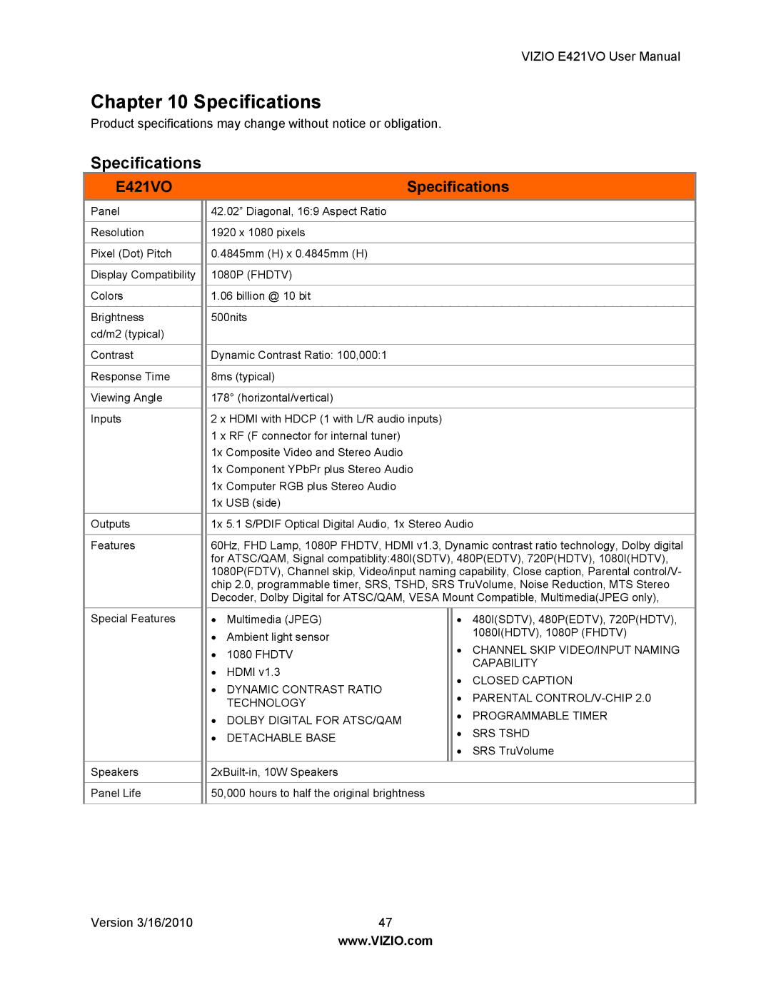 Vizio E421VO manual Specifications 