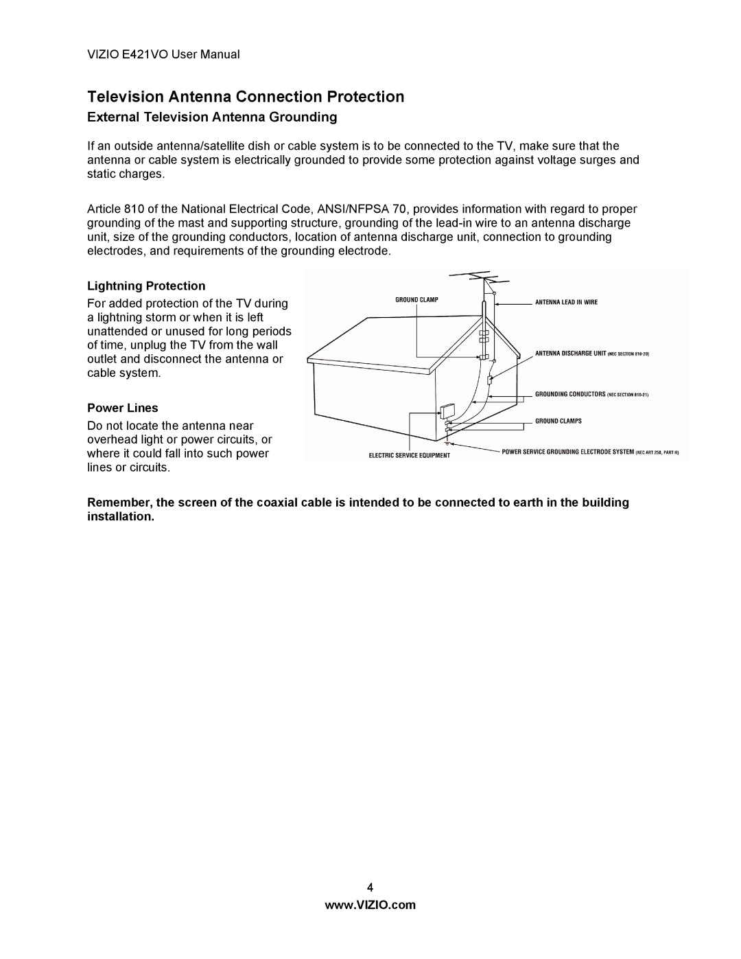 Vizio E421VO manual Television Antenna Connection Protection, External Television Antenna Grounding, Lightning Protection 