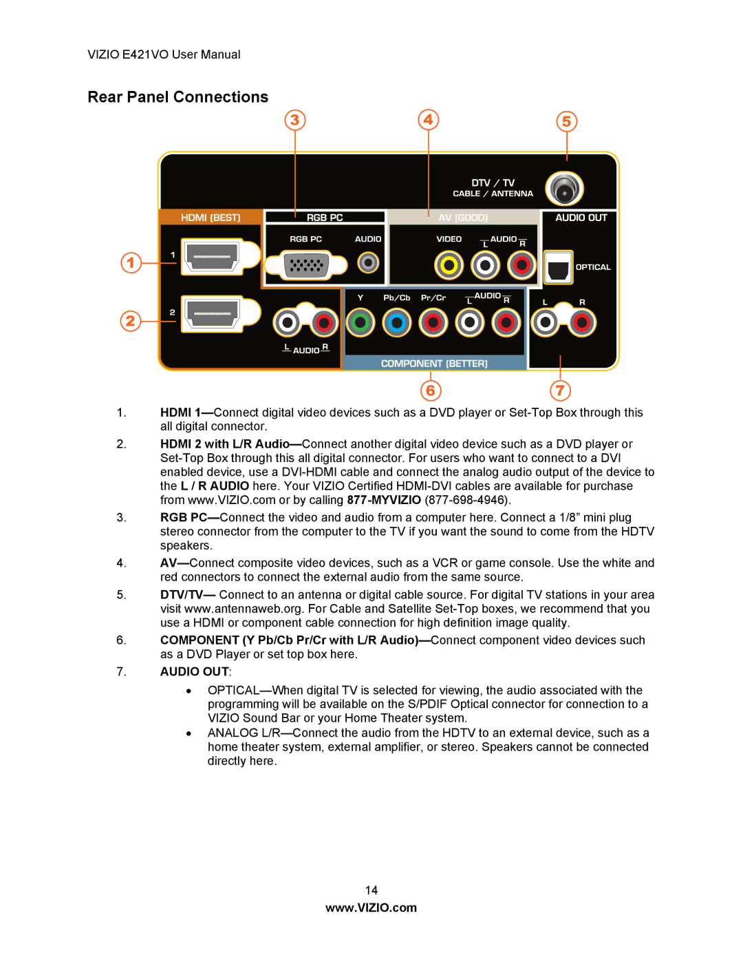 Vizio E421VO manual Rear Panel Connections, Audio OUT 