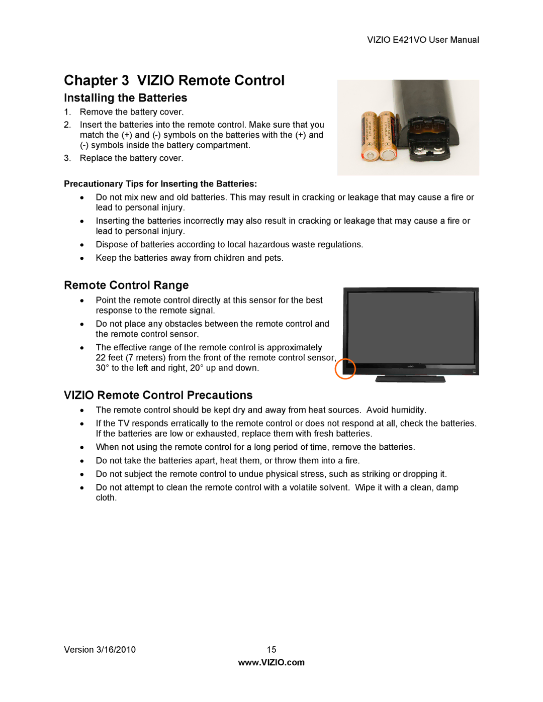 Vizio E421VO manual Installing the Batteries, Remote Control Range, Vizio Remote Control Precautions 