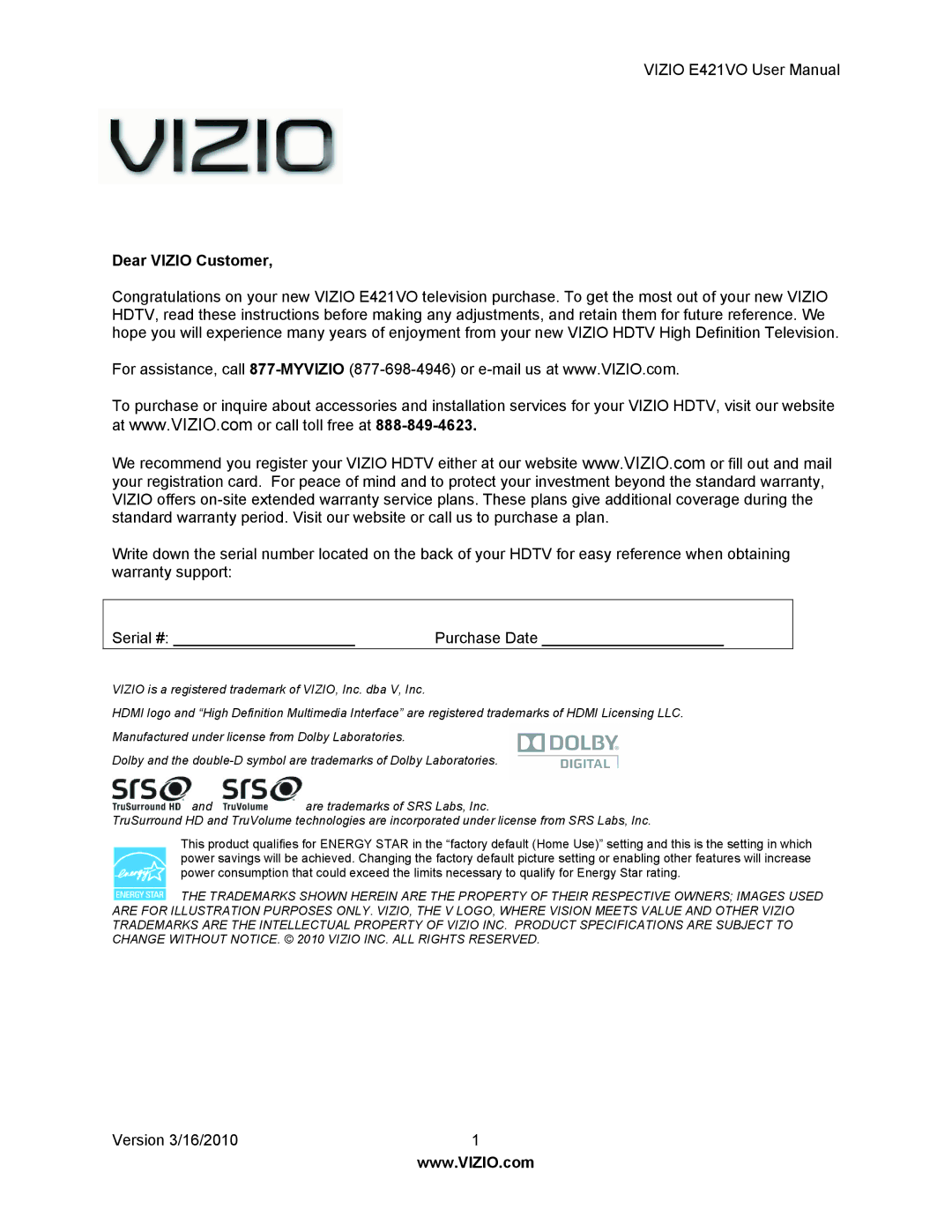 Vizio E421VO manual Dear Vizio Customer 