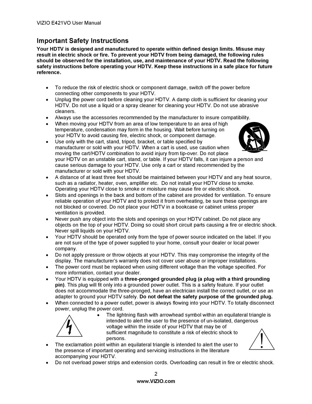 Vizio E421VO manual Important Safety Instructions 