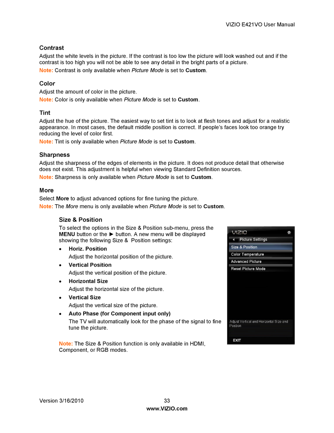 Vizio E421VO manual Contrast, Color, Tint, Sharpness, More, Size & Position 