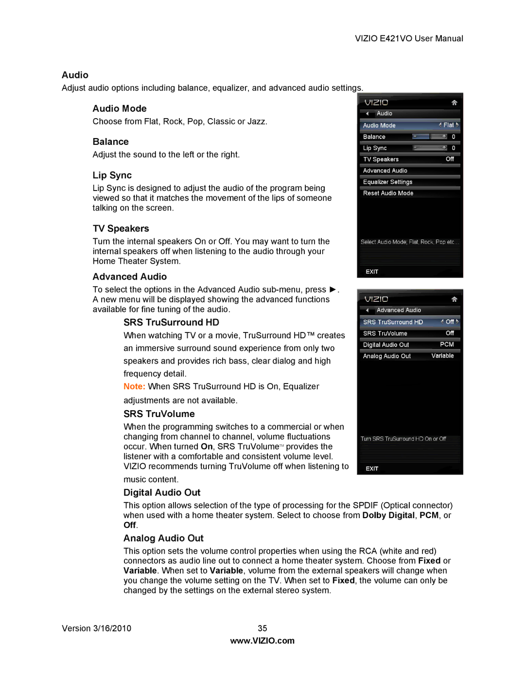Vizio E421VO manual Audio Mode, Balance, Lip Sync, TV Speakers, Advanced Audio, SRS TruSurround HD, SRS TruVolume 