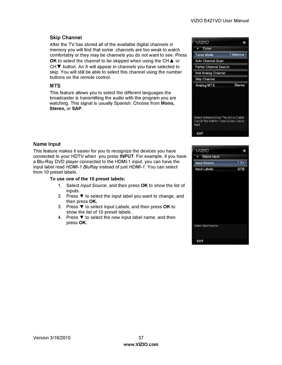 Vizio E421VO manual Skip Channel, Name Input, To use one of the 10 preset labels 