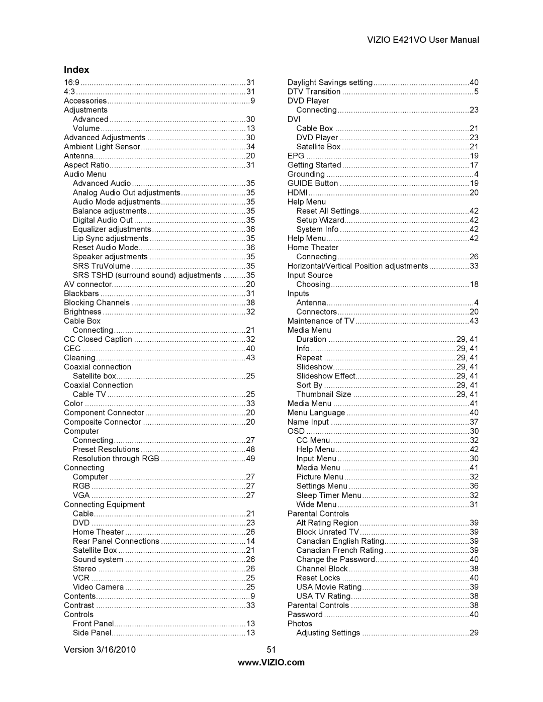 Vizio E421VO manual Index, Cec 