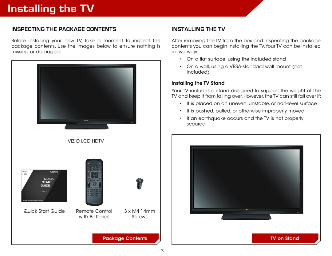 Vizio E422AR, E322AR warranty Installing the TV, Inspecting the Package Contents 