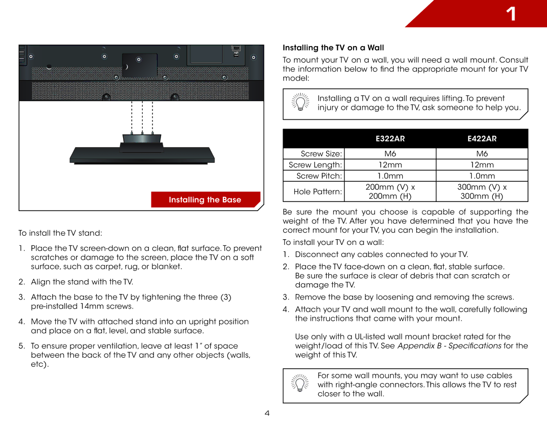 Vizio E322AR, E422AR warranty Installing the Base 