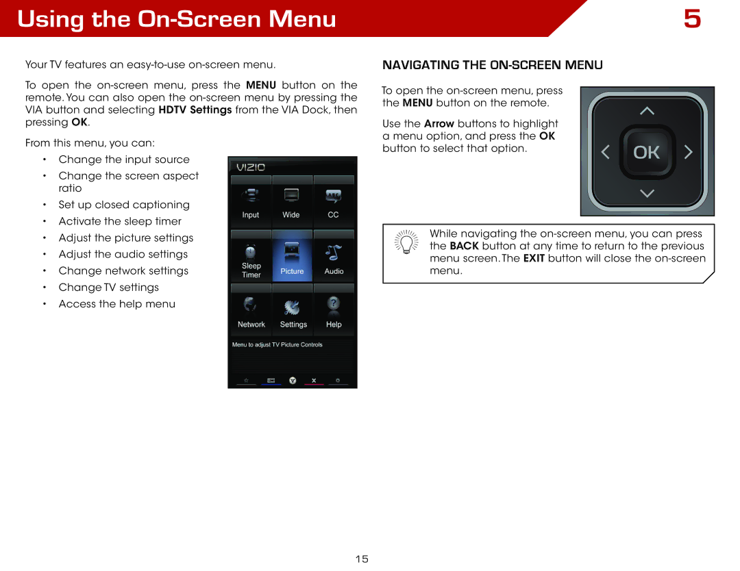 Vizio E422AR, E322AR warranty Using the On-Screen Menu, Navigating the On-Screen Menu 