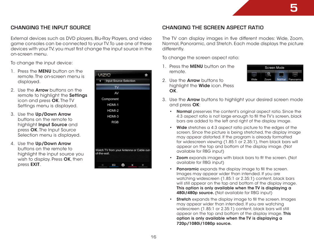 Vizio E322AR, E422AR warranty Changing the Input Source, Changing the Screen Aspect Ratio 