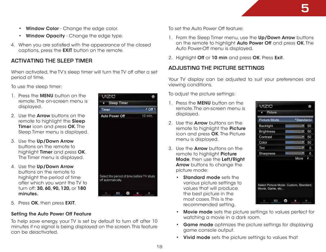 Vizio E322AR, E422AR warranty Activating the Sleep Timer, Adjusting the Picture Settings 