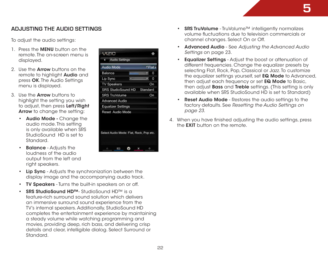 Vizio E322AR, E422AR warranty Adjusting the Audio Settings, Advanced Audio See Adjusting the Advanced Audio Settings on 