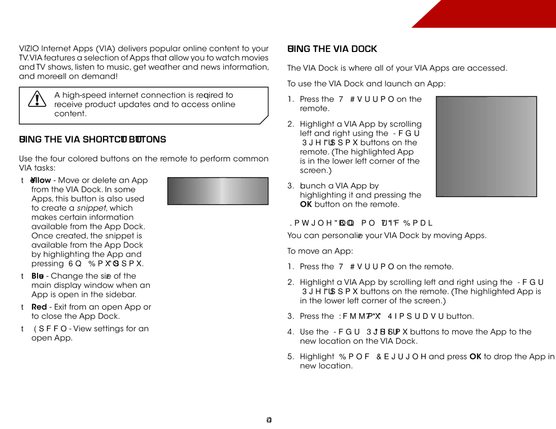 Vizio E322AR, E422AR warranty Using Vizio Internet Apps, Using the VIA Shortcut Buttons, Using the VIA Dock 