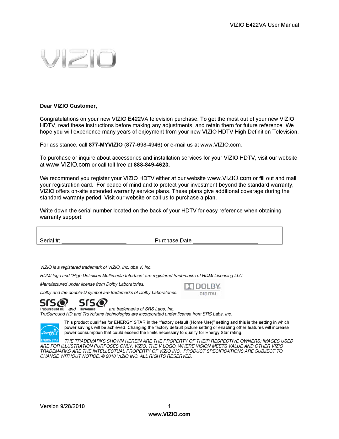 Vizio E422VA manual Dear Vizio Customer 