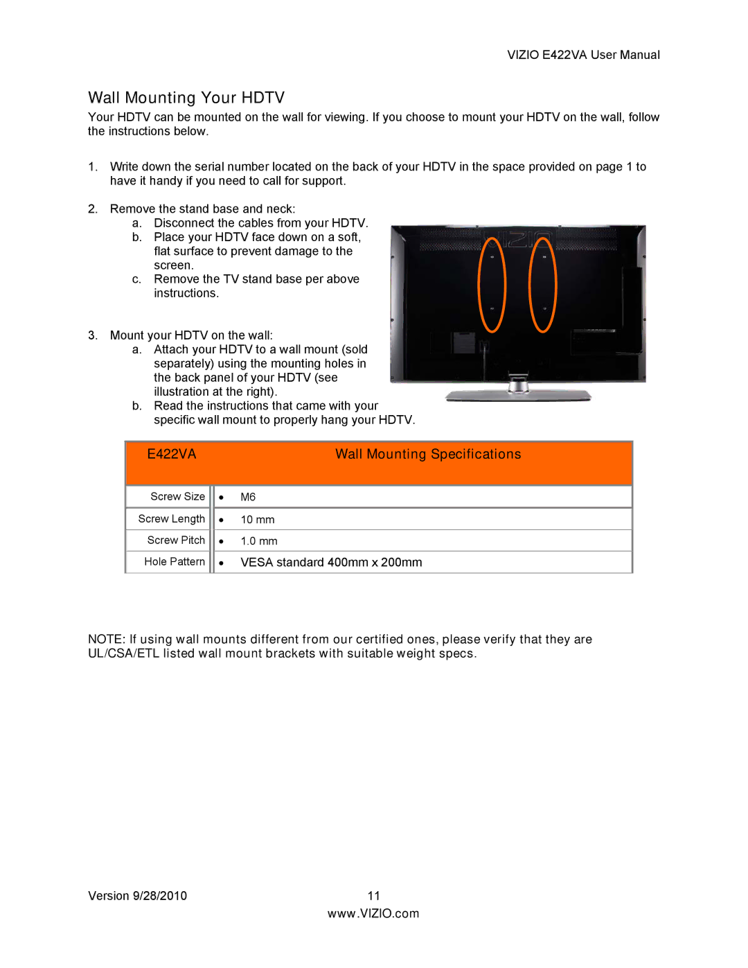 Vizio manual Wall Mounting Your Hdtv, E422VA Wall Mounting Specifications 