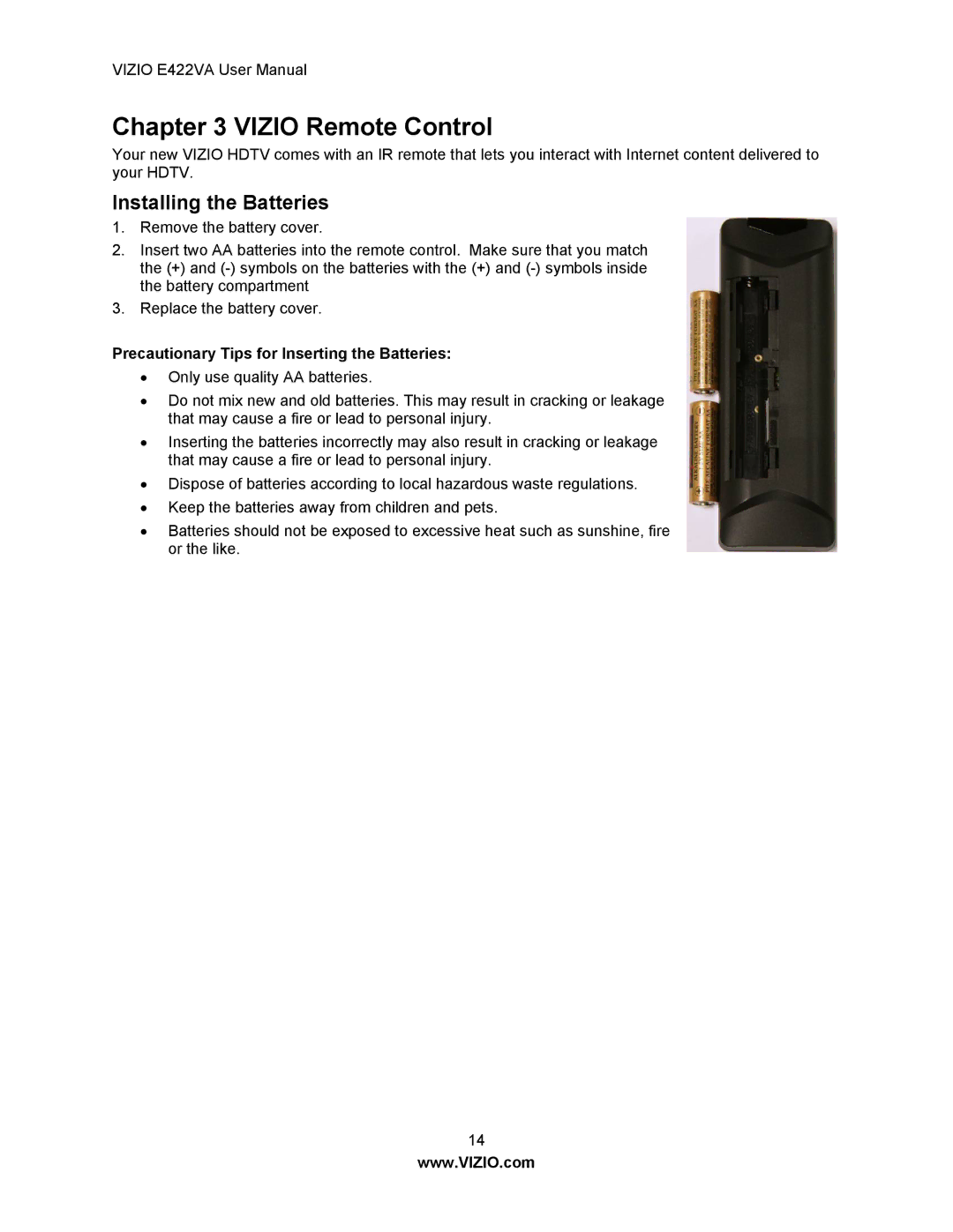 Vizio E422VA manual Installing the Batteries, Precautionary Tips for Inserting the Batteries 