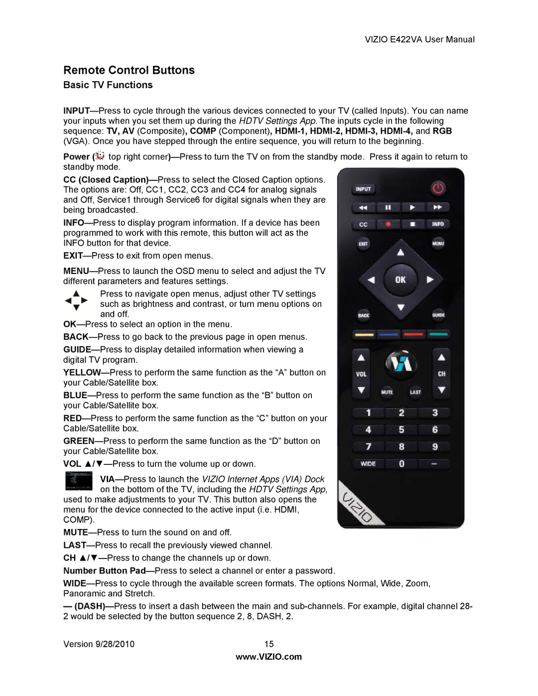 Vizio E422VA manual Remote Control Buttons, Basic TV Functions 