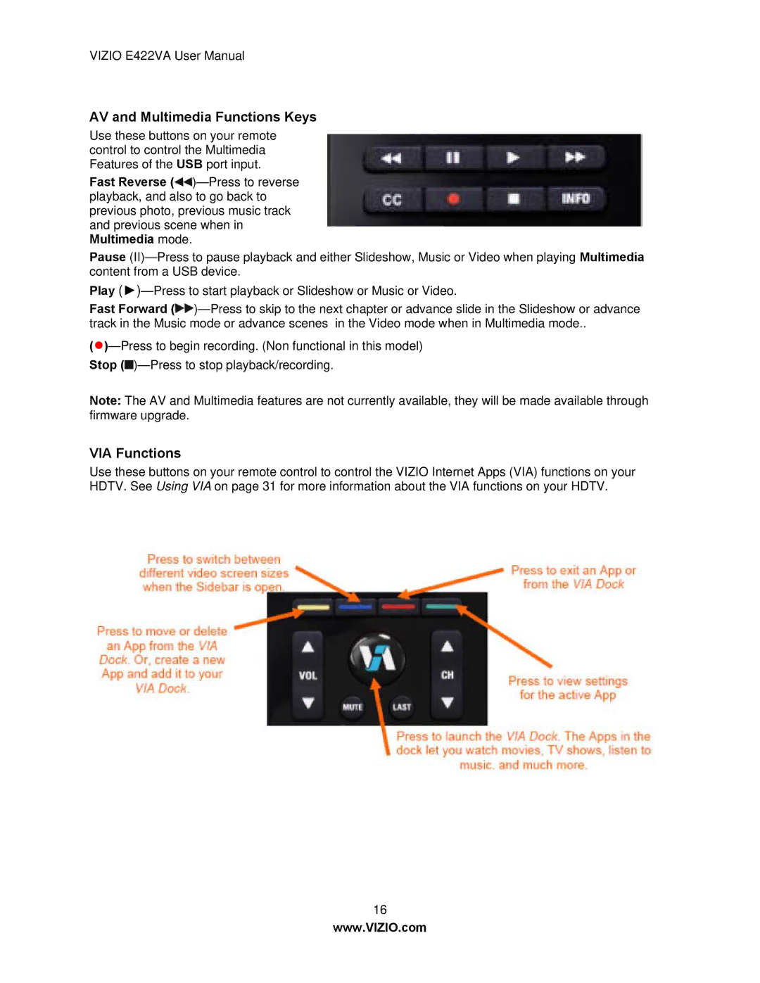 Vizio E422VA manual AV and Multimedia Functions Keys, VIA Functions 