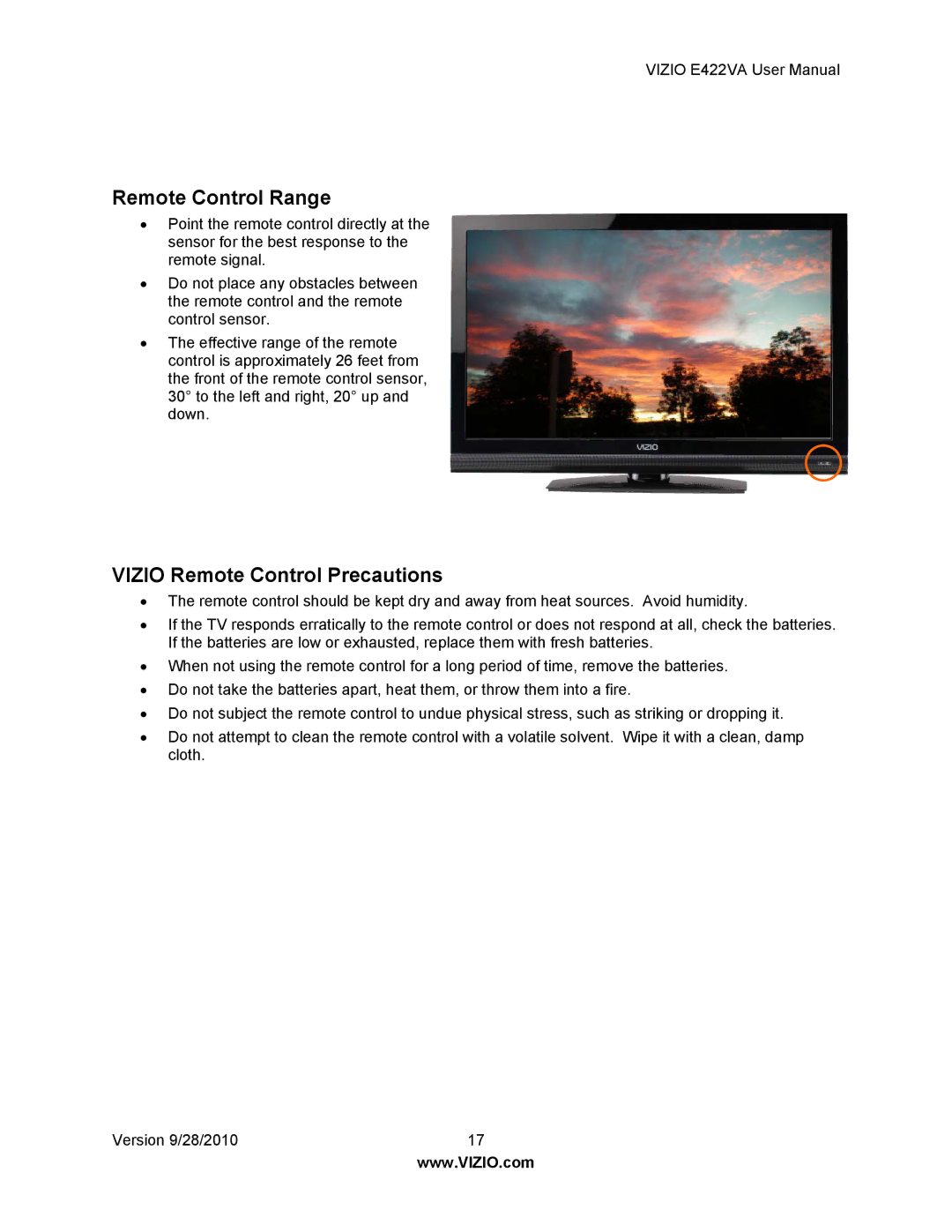 Vizio E422VA manual Remote Control Range, Vizio Remote Control Precautions 