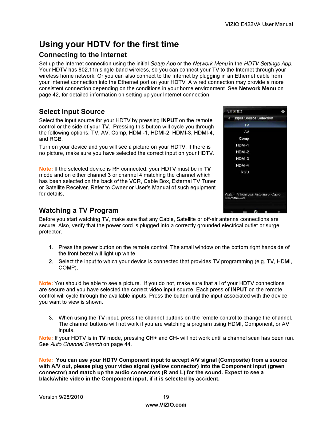 Vizio E422VA manual Connecting to the Internet, Select Input Source, Watching a TV Program 