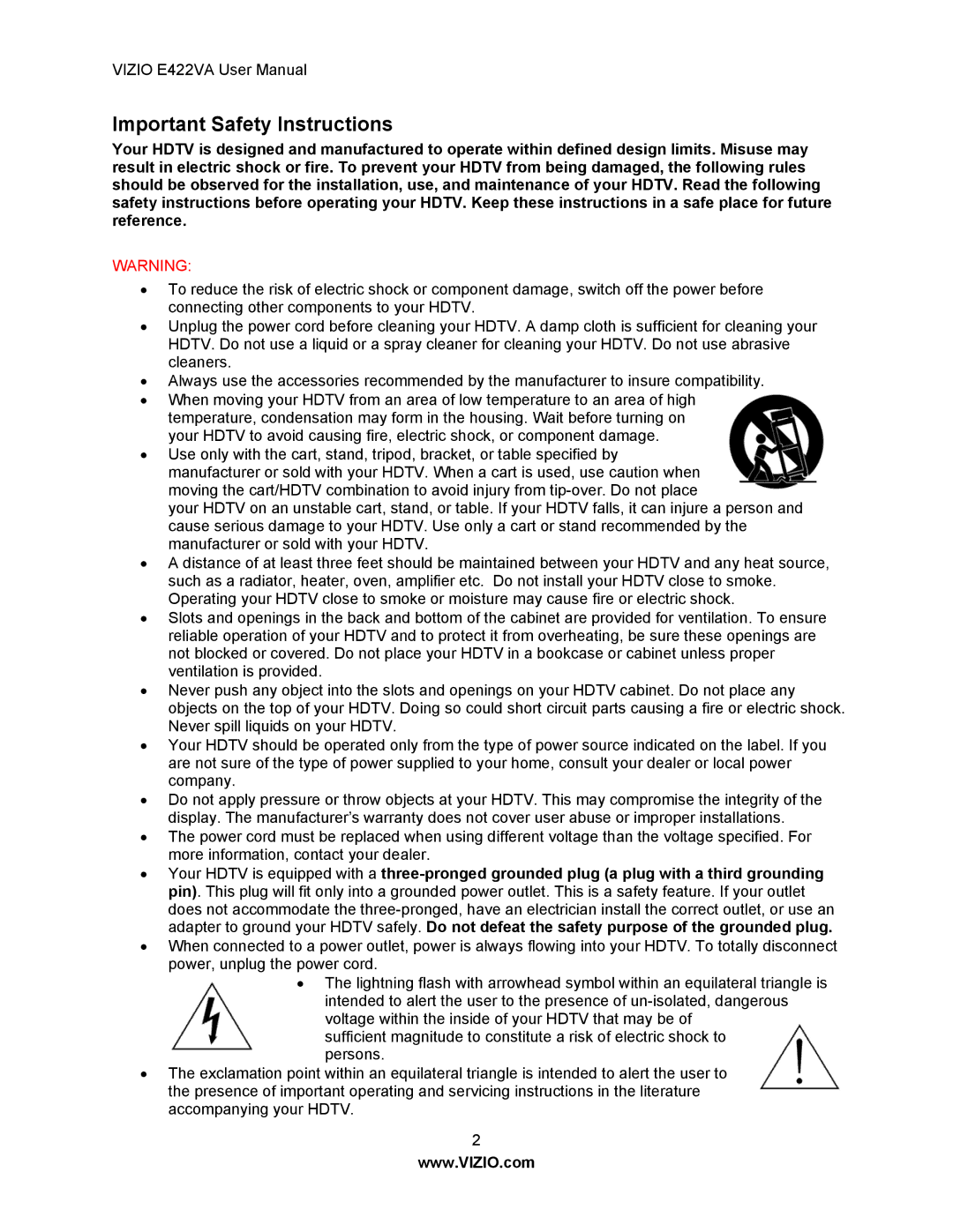 Vizio E422VA manual Important Safety Instructions 