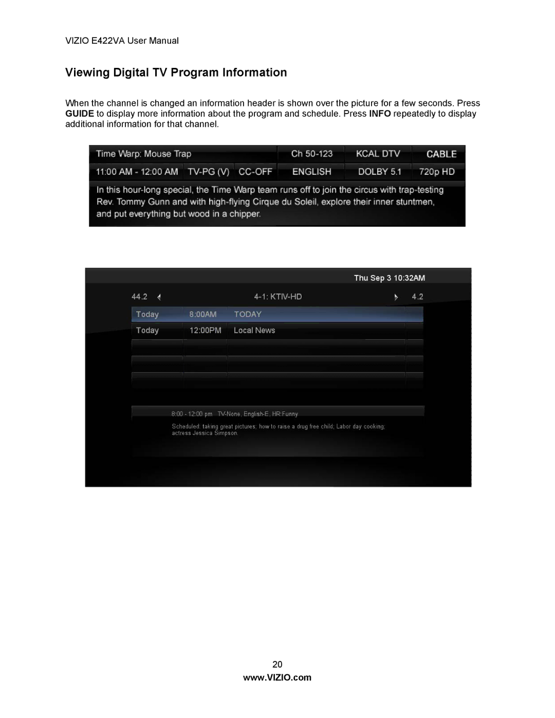 Vizio E422VA manual Viewing Digital TV Program Information 