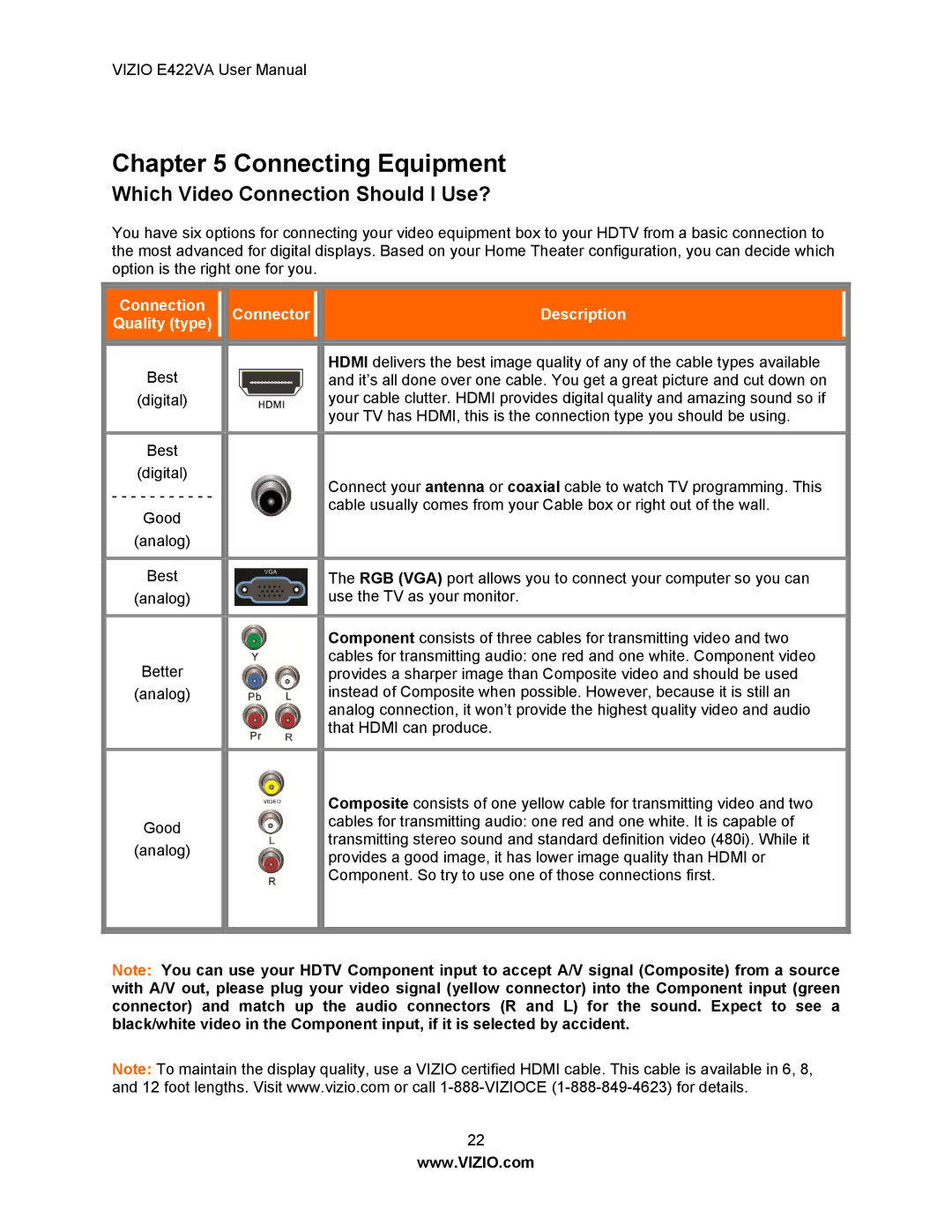 Vizio E422VA manual Connecting Equipment, Which Video Connection Should I Use? 