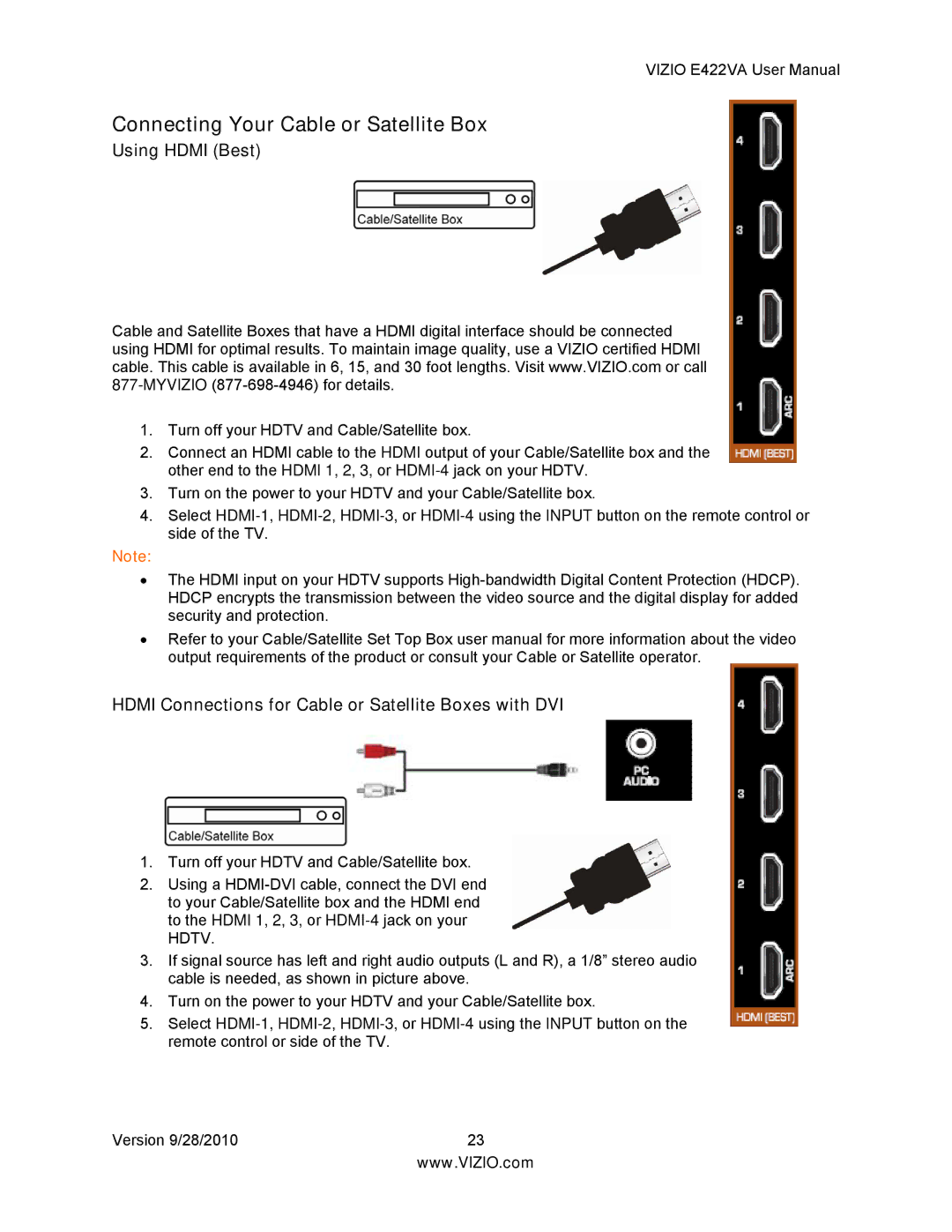 Vizio E422VA manual Connecting Your Cable or Satellite Box, Using Hdmi Best 