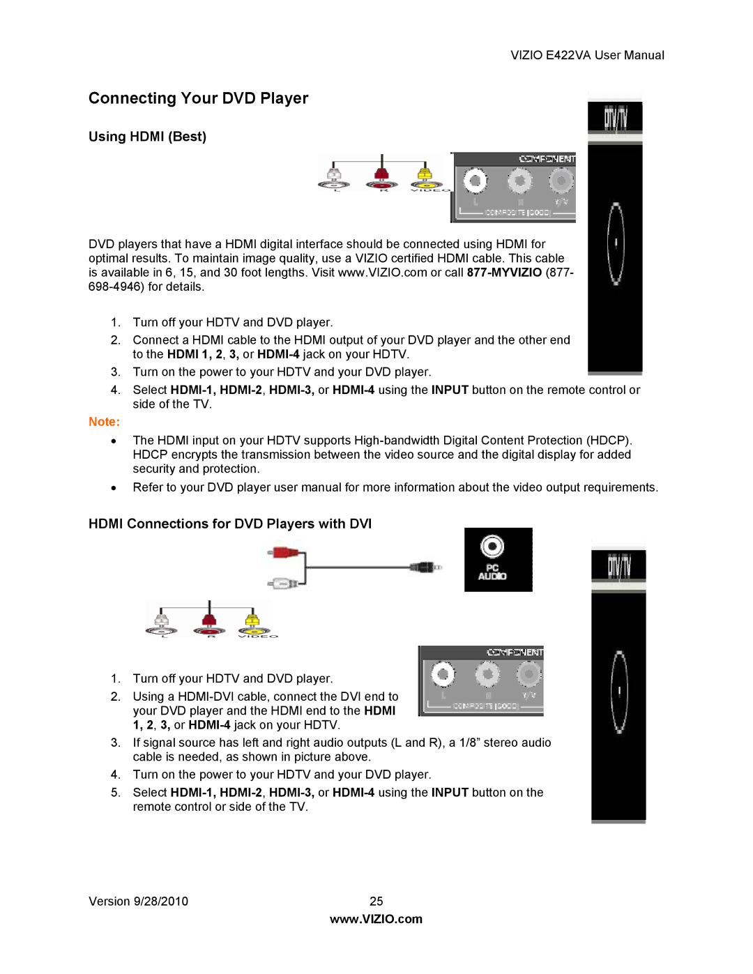 Vizio E422VA manual Connecting Your DVD Player, Hdmi Connections for DVD Players with DVI 