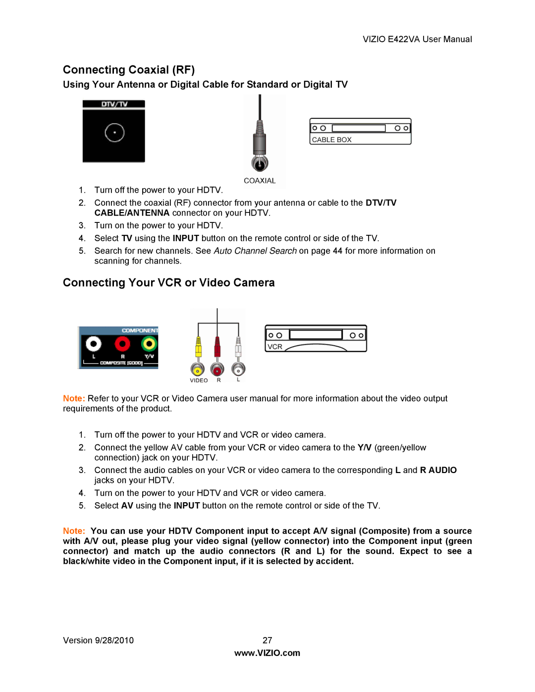 Vizio E422VA manual Connecting Coaxial RF, Connecting Your VCR or Video Camera 