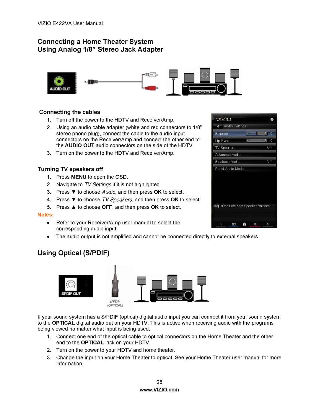 Vizio E422VA manual Using Optical S/PDIF, Connecting the cables, Turning TV speakers off 