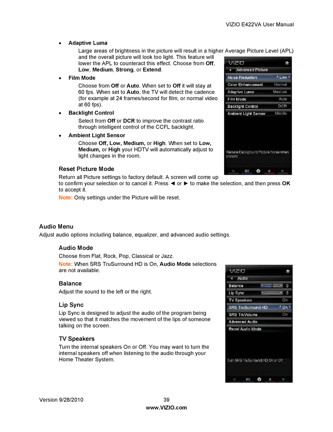 Vizio E422VA manual Reset Picture Mode, Audio Menu, Audio Mode, Balance, Lip Sync, TV Speakers 