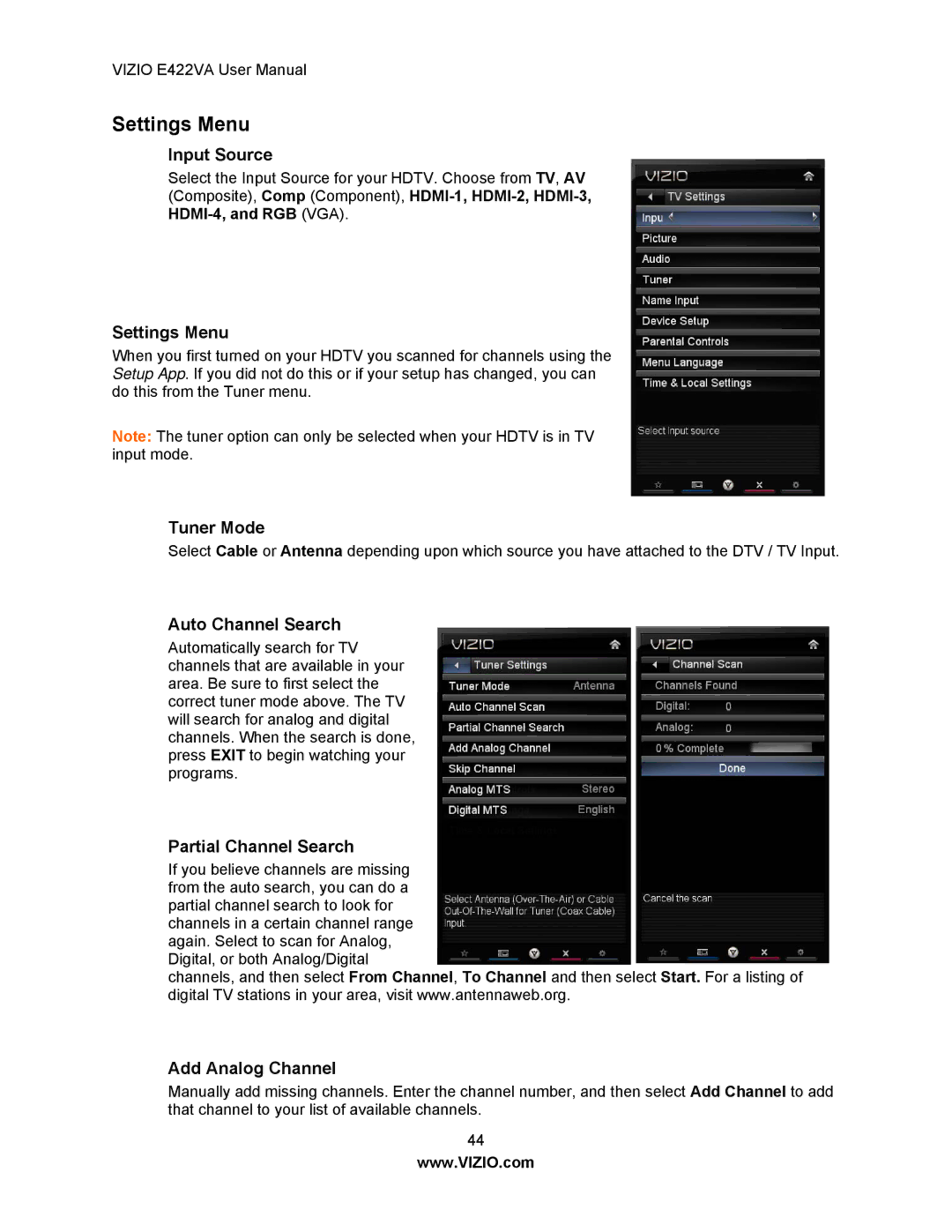 Vizio E422VA manual Settings Menu 