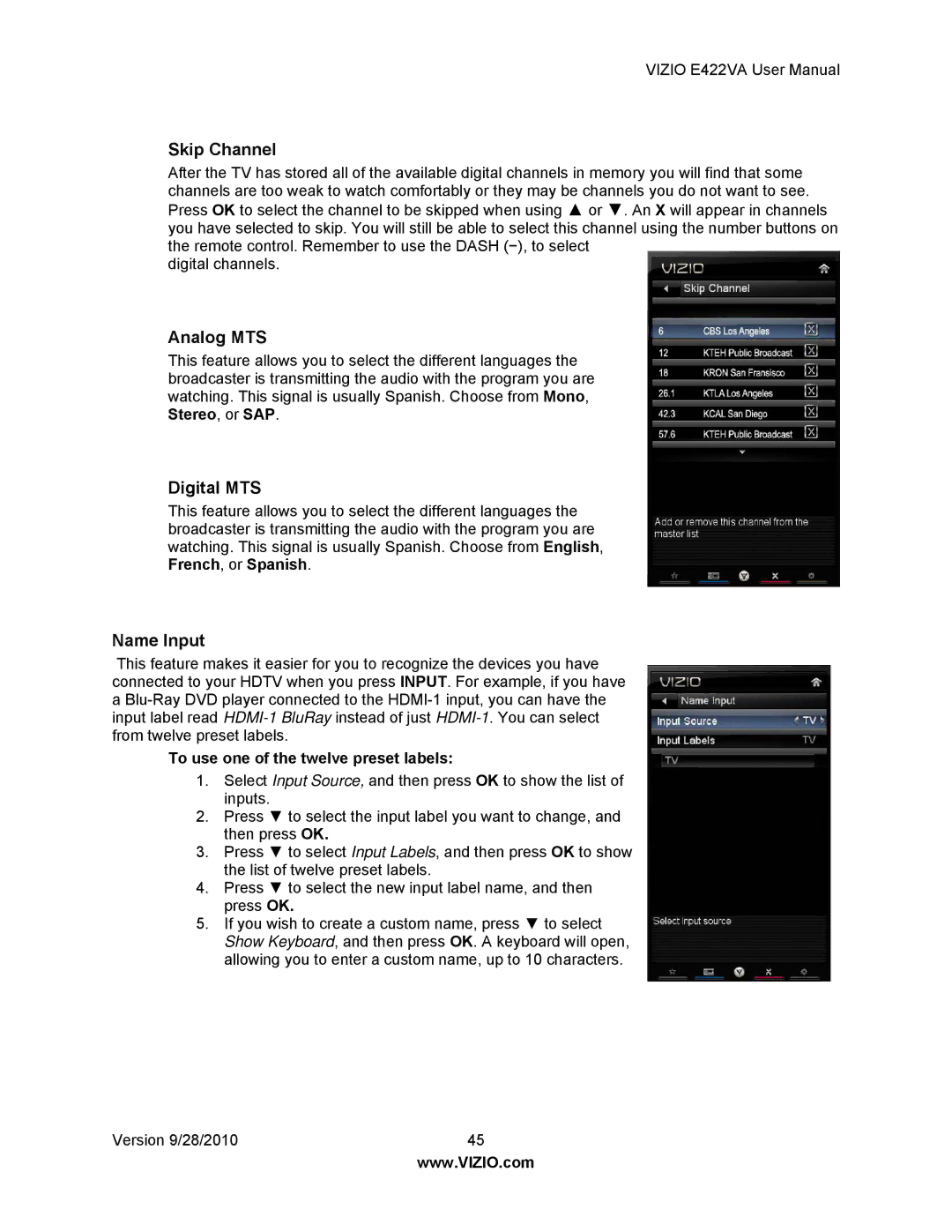 Vizio E422VA manual Skip Channel, Analog MTS, Digital MTS, Name Input, To use one of the twelve preset labels 