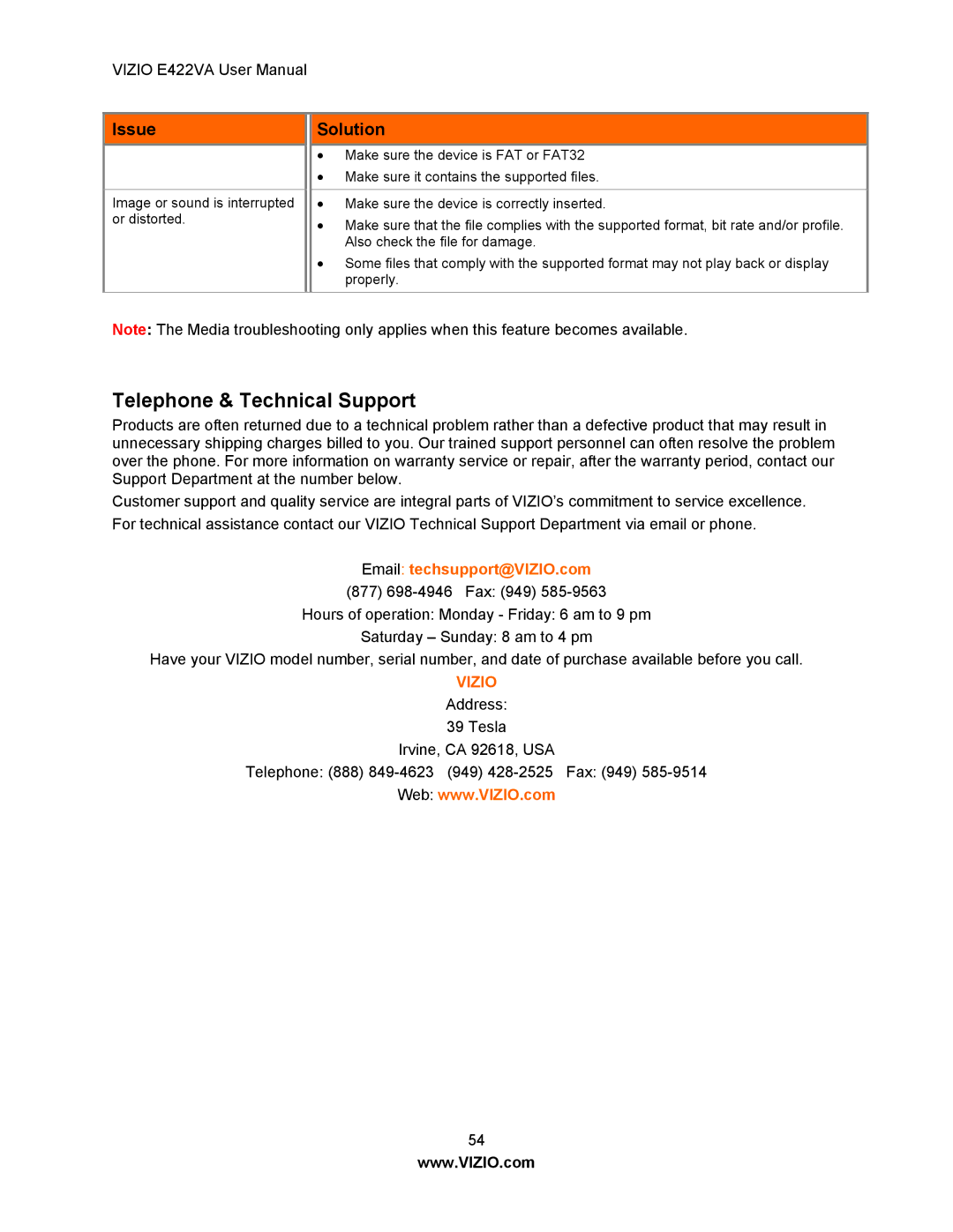 Vizio E422VA manual Telephone & Technical Support, Email techsupport@VIZIO.com 