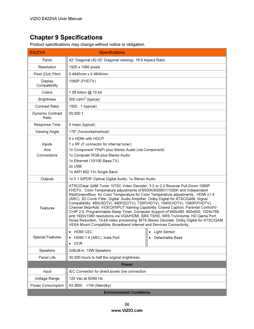 Vizio E422VA manual Specifications 