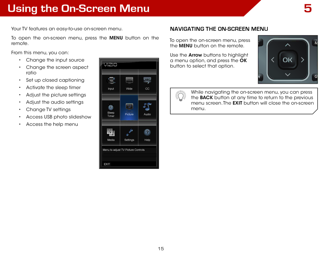 Vizio E461-A1 warranty Using the On-Screen Menu, Navigating the On-Screen Menu 