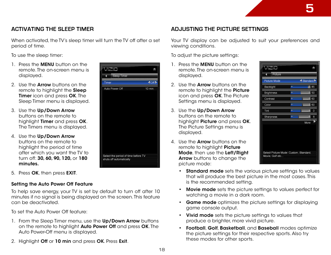 Vizio E461-A1 warranty Activating the Sleep Timer, Adjusting the Picture Settings 