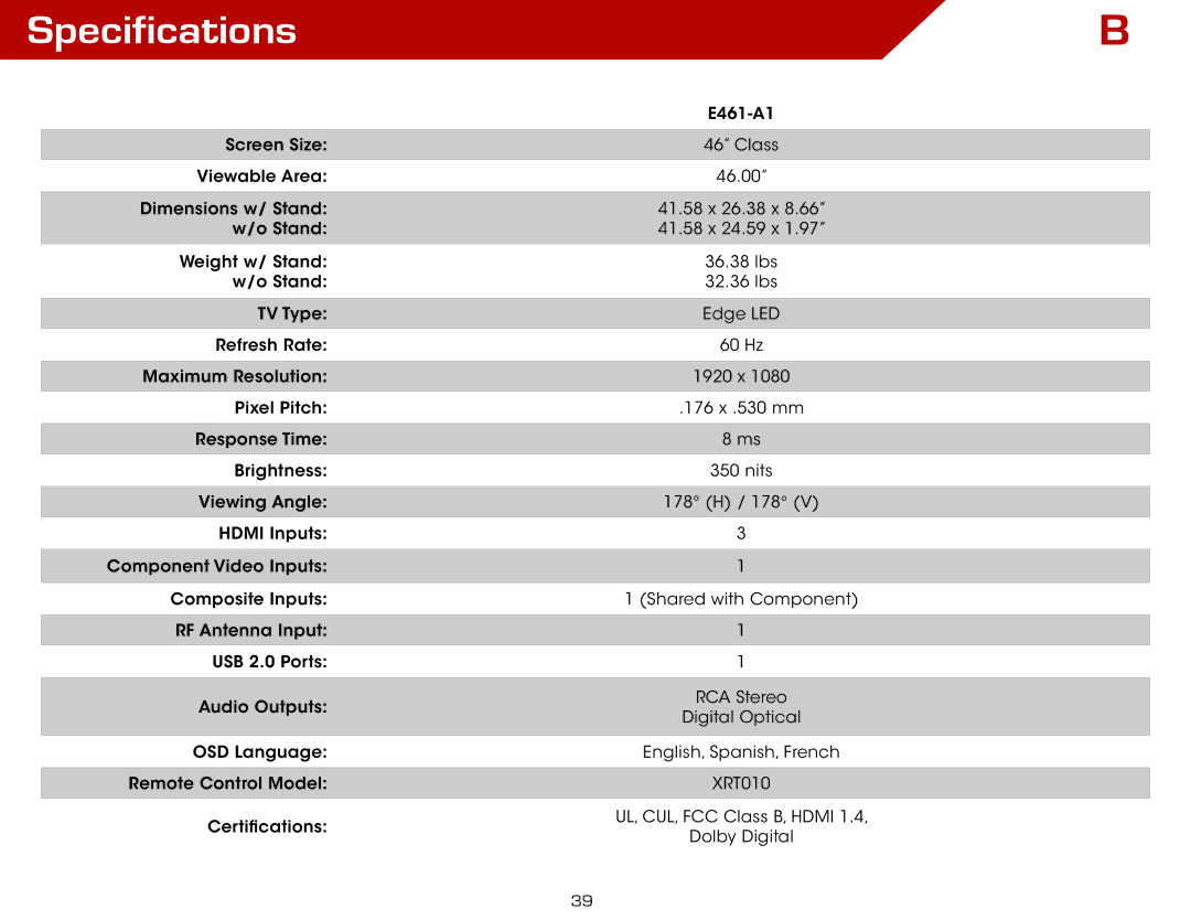 Vizio E461-A1 warranty Specifications 